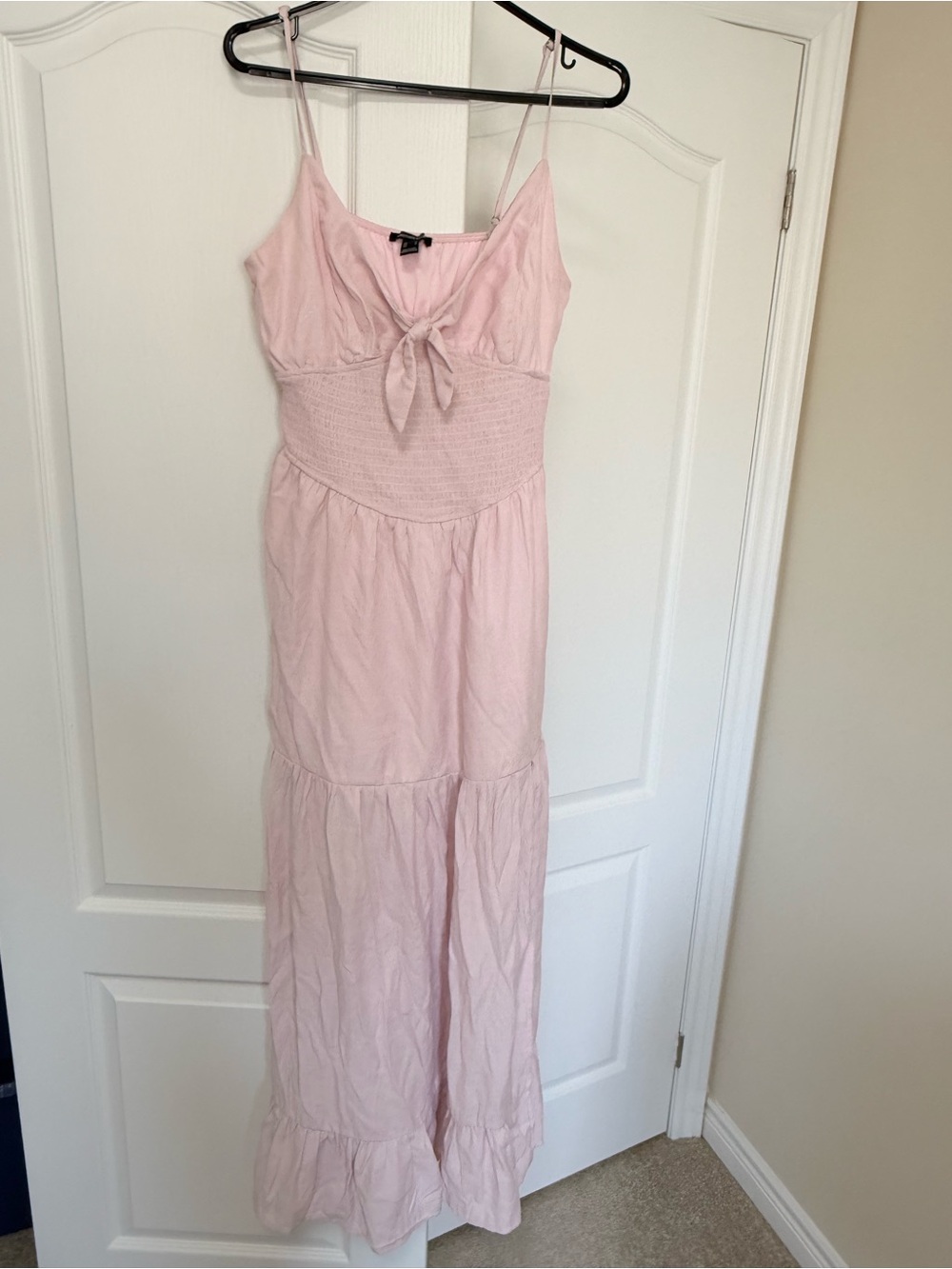 Women’s Pink Maxi Dress with Smocked Waist and Tie Front